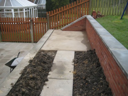 Garden paving, retaining walls and slab for greenhouse